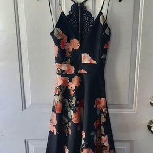 Windsor Black Dress with Pink Floral Design Size Small Lace Cutout Back